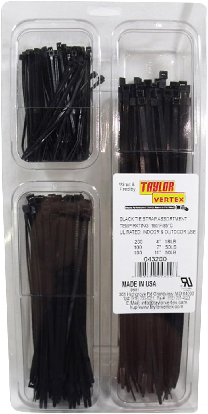 Taylor Cable 43200 Cable Wire Tie Assortment Incl. 200 ea. 4 in. 18 lb./100 ea. 7 in. 50 lb./100 ea. 11 in. 50 lb. Black Cable Wire Tie Assortment