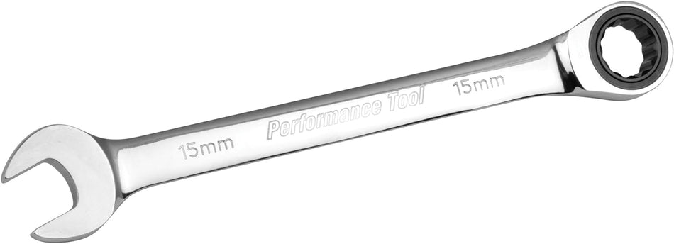 Performance Tool W30355 Professional Chrome Vanadium Metric 15mm Ratcheting Wrench