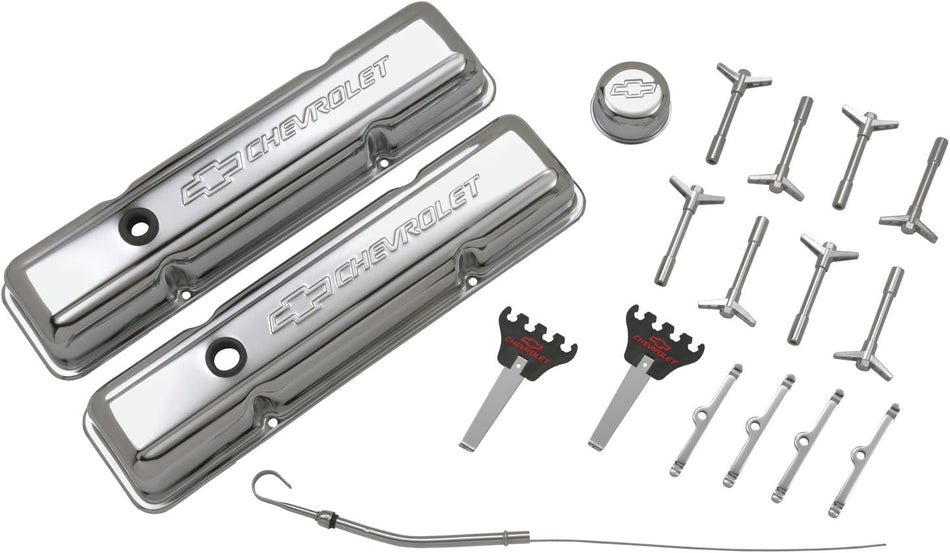 Proform 141-002 Chrome Engine Dress-Up Kit with Embossed Chevrolet/Bowtie Logo for Small Block Chevy