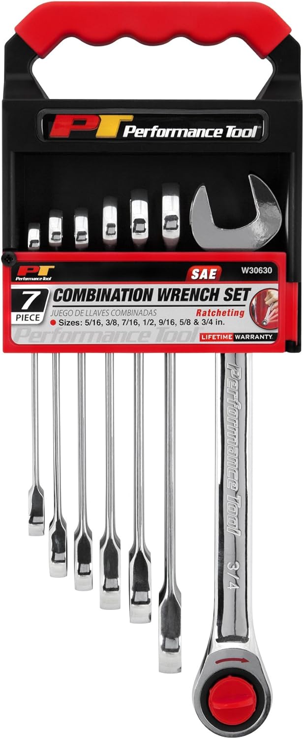 Performance Tool W30630 7pc SAE Combo Ratcheting Wrench Set | Drop Forged Chrome Vanadium Steel | Corrosion Resistant Finish & 100 Gear Teeth | Sizes: 5/16, 3/8, 7/16, 1/2, 9/16, 5/8 and 3/4"