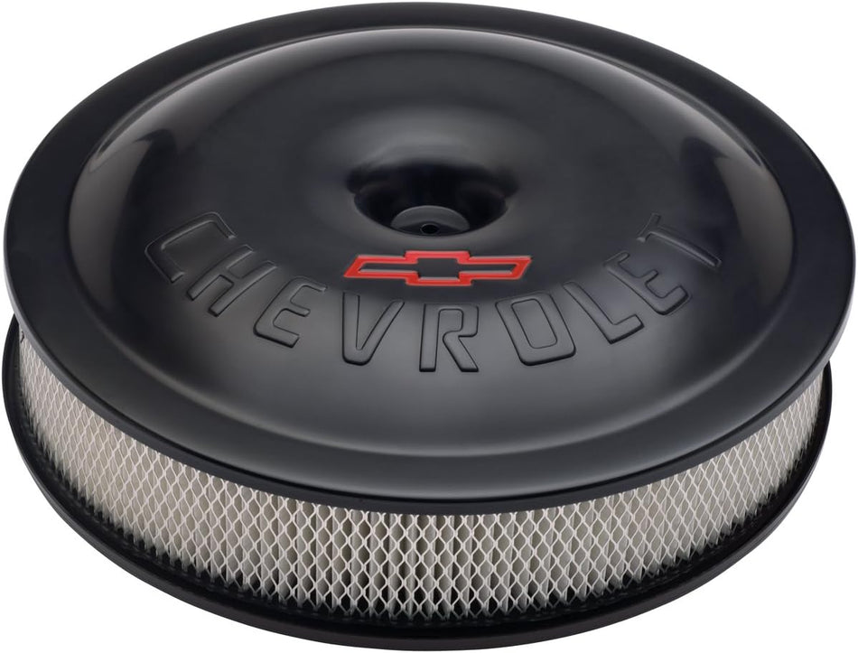 Proform 141-692 Black Anodized 14" Diameter Aluminum Air Cleaner Kit with Chevrolet/Red Bowtie Logo and 3" Paper Filter