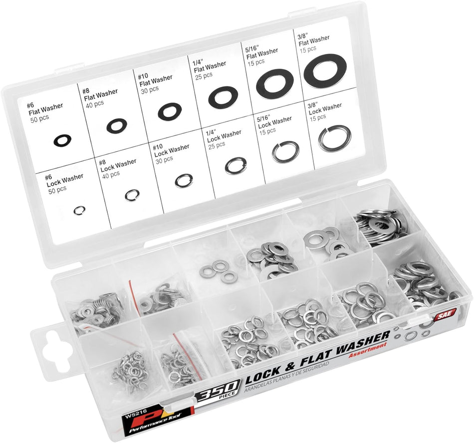 Performance Tool W5216 350pc SAE Lock & Flat Washer Assortment