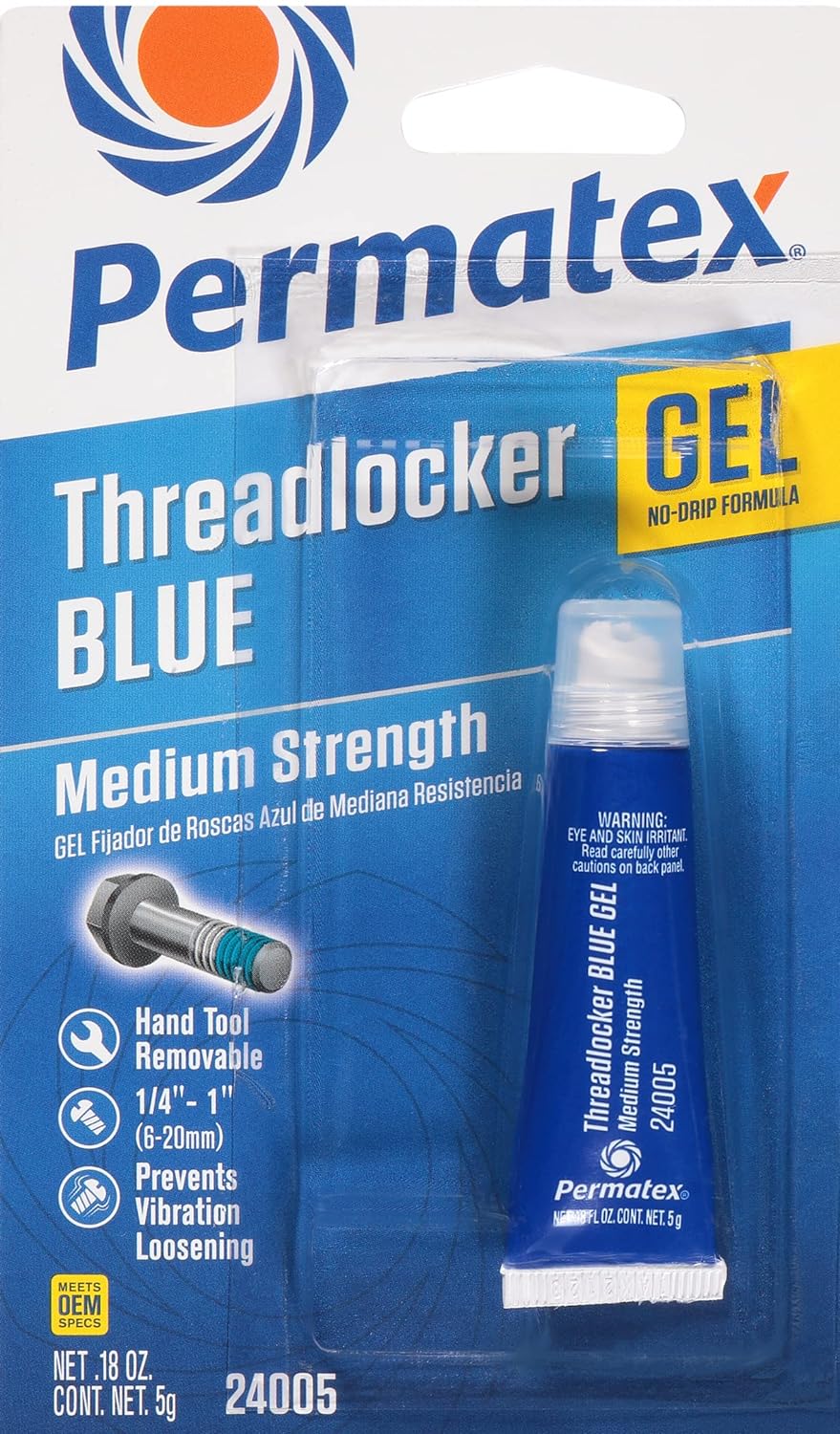 Permatex 24005 Medium Strength Threadlocker Blue Gel, 5 g Gel Squeeze Tube