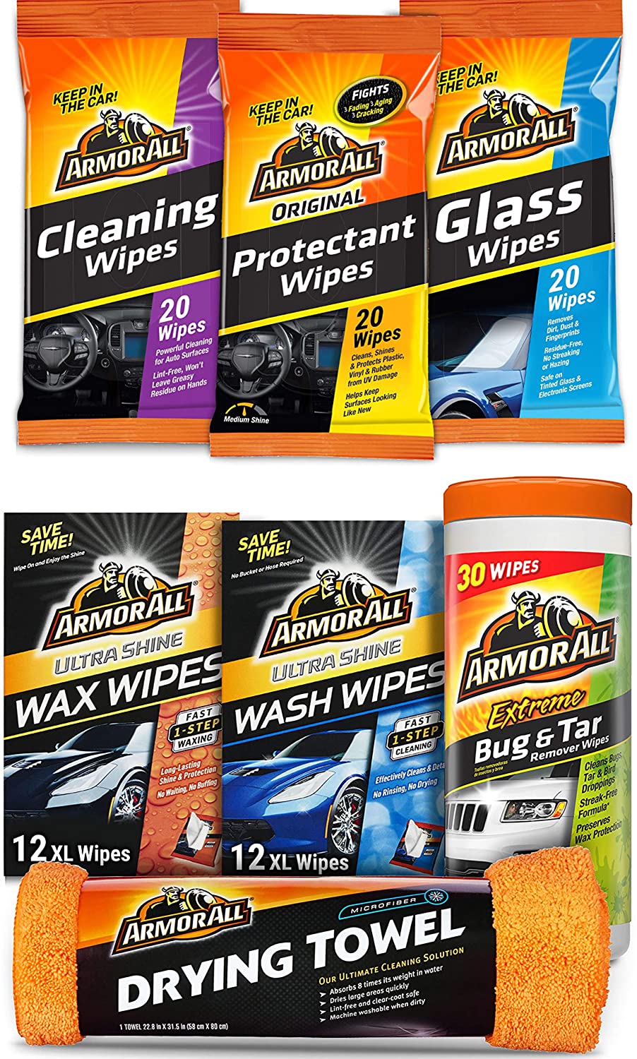 Armor All Car Wash and Interior Cleaner Kit (7 Items) - Includes Towel & Leather, Glass and Protectant Wipes, 19123